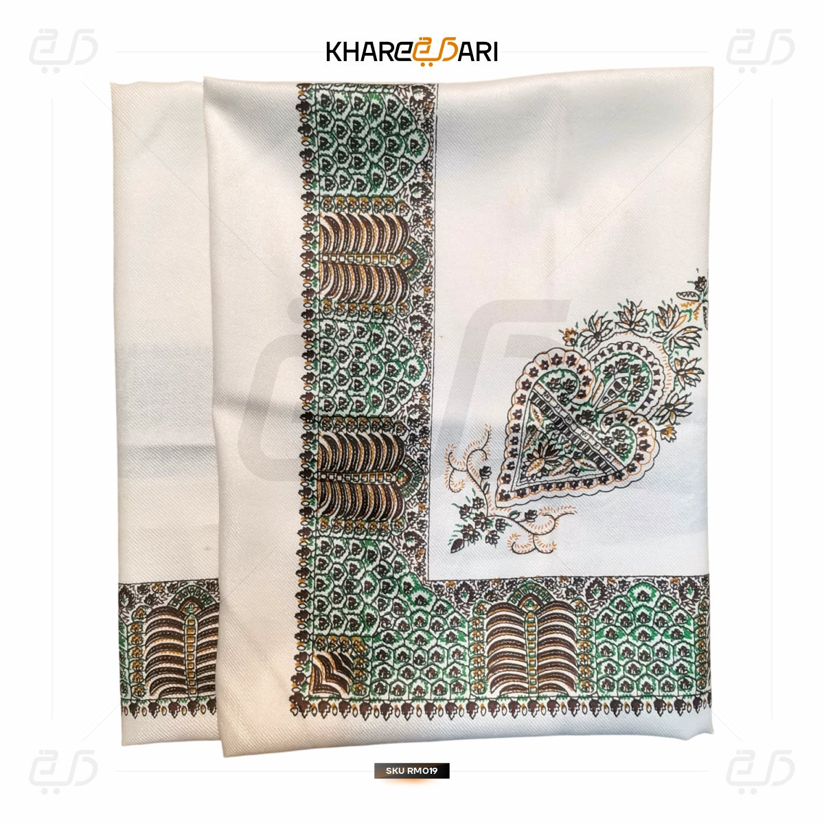 Kashmiri Printed White Scarf – Green & Gold Border