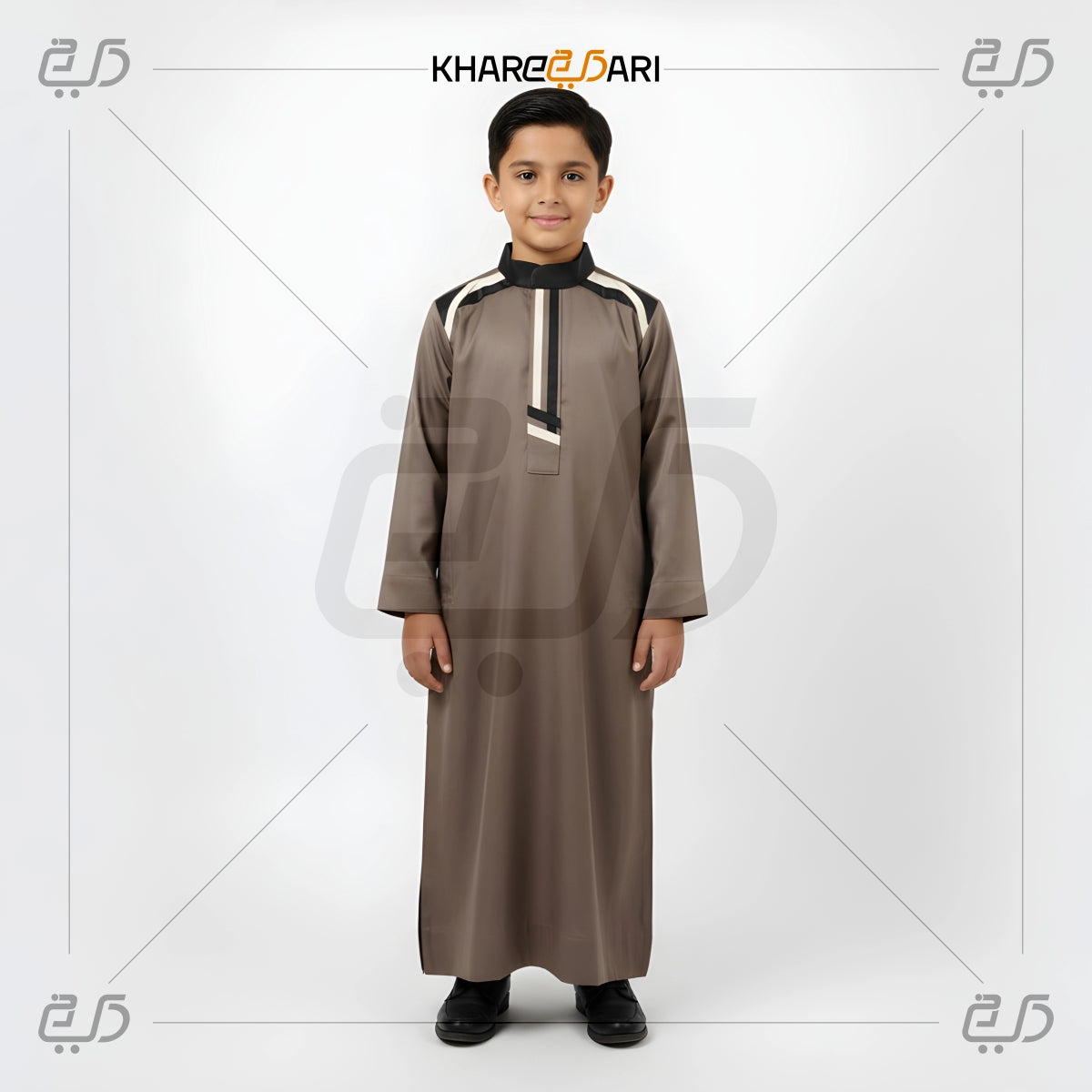 Men's Brown Thobe with Cream & Black Panel