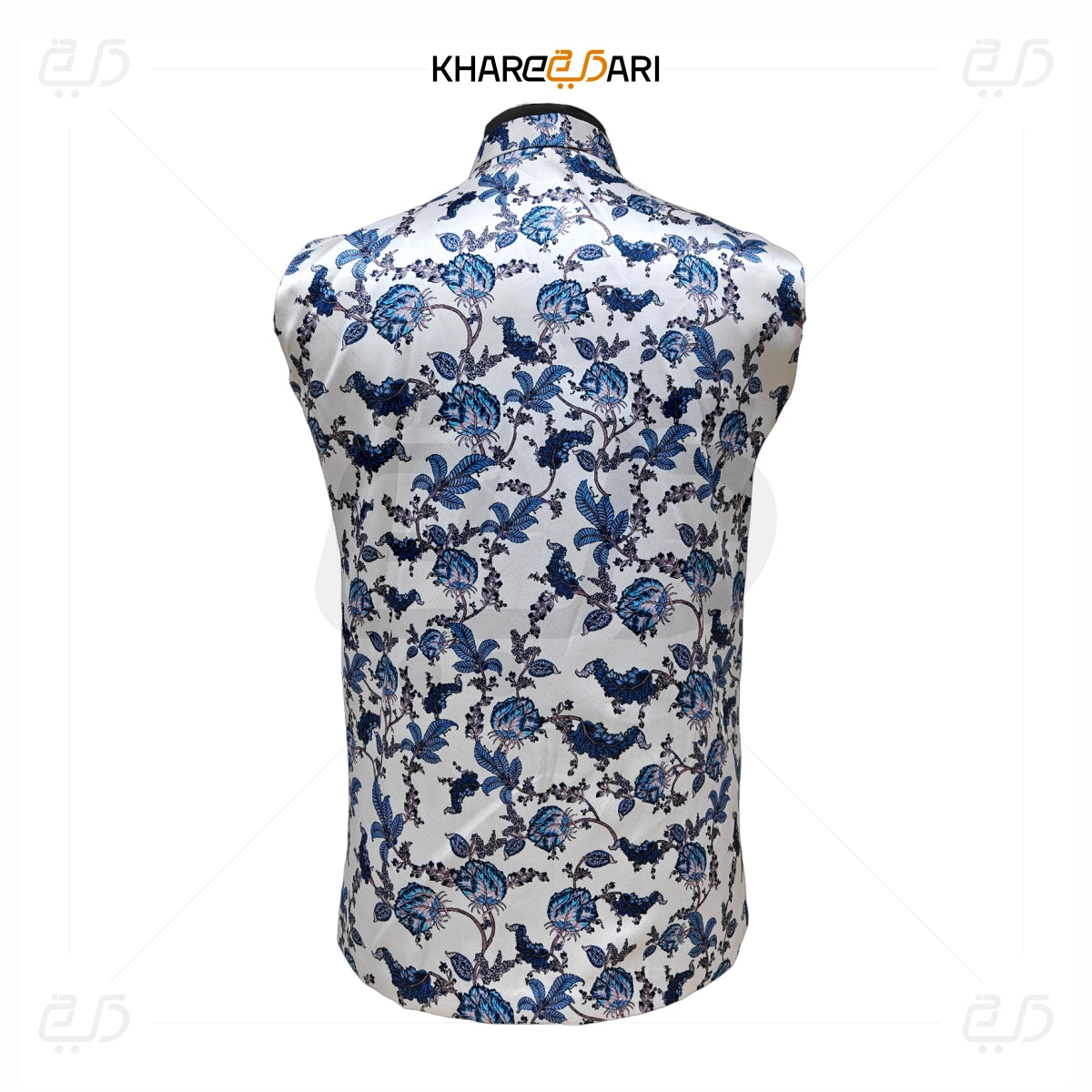 White Blue Floral Satin Nehru Jacket ( Sadri)