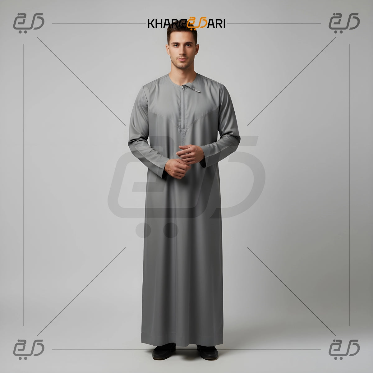 Modern Grey Emirati Round Collar Thobe