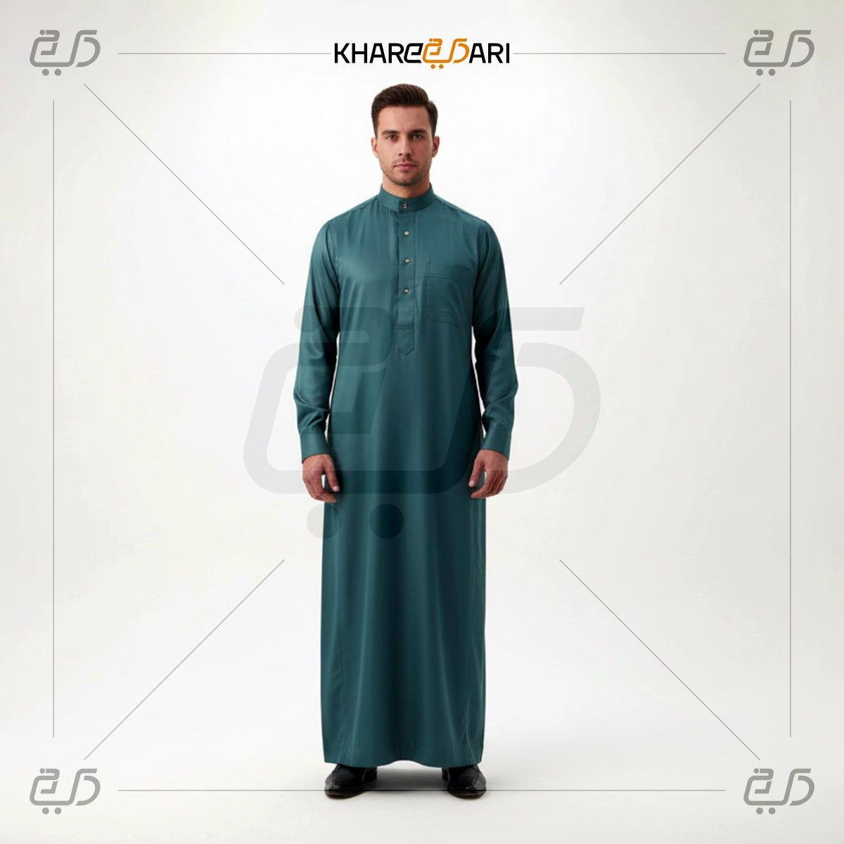 Teal Blue Classic Saudi Style Buttoned Jubba