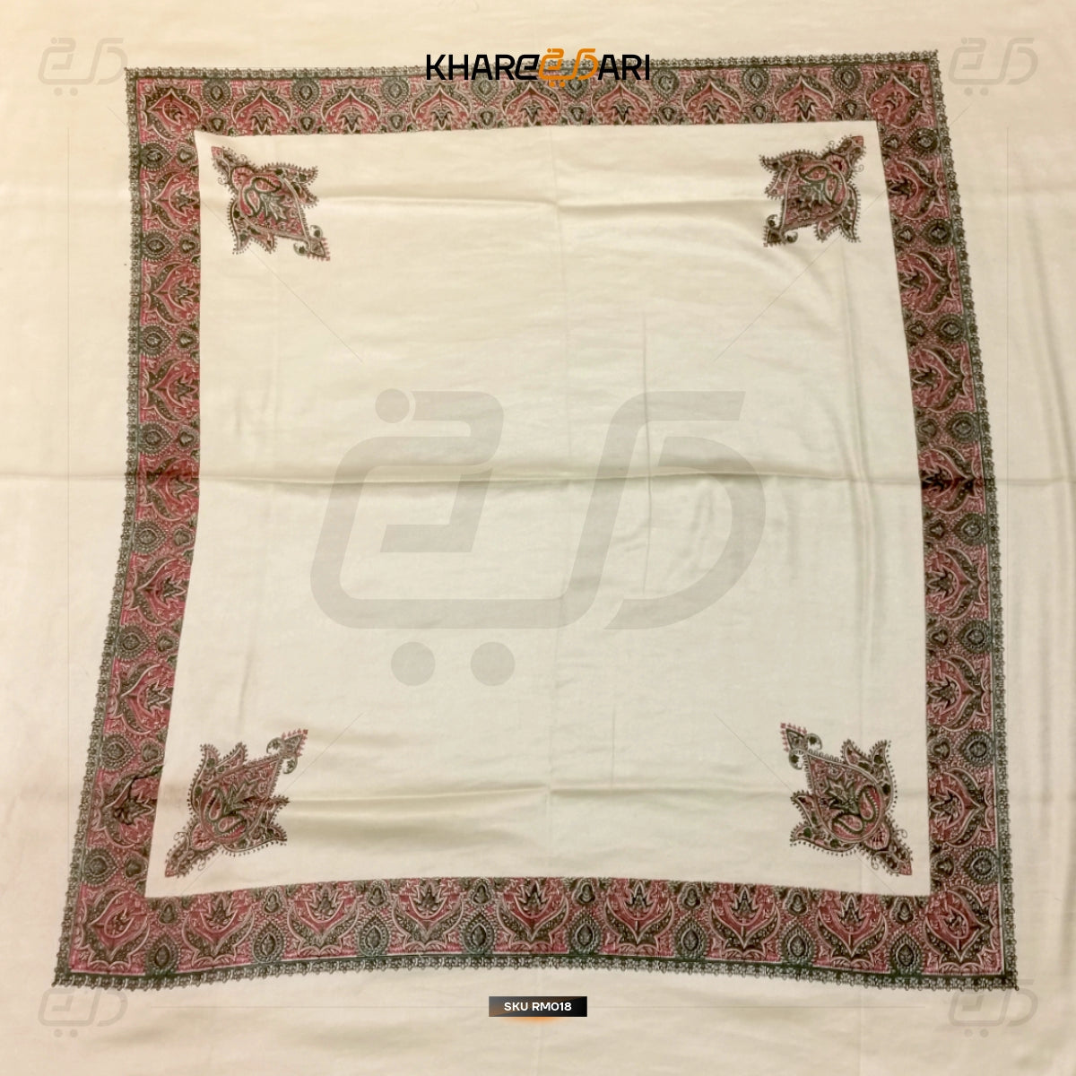 Kashmiri Printed White Scarf – Red & Black Border