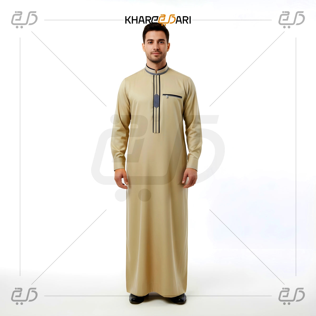 Striped Placket Mandarin-Collar Jubba