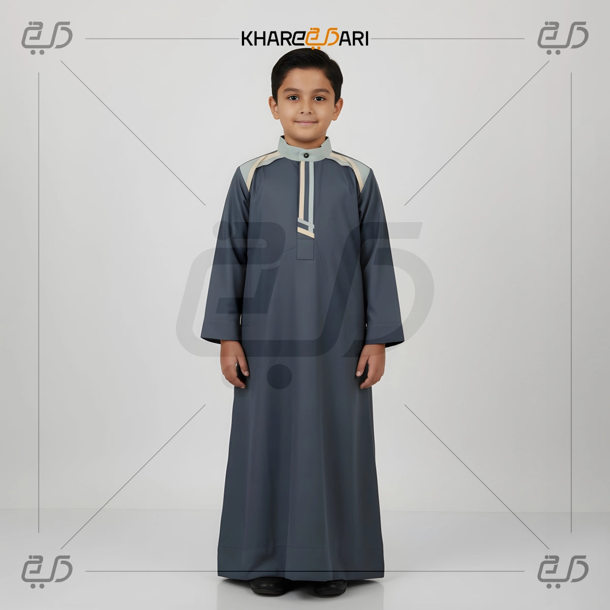 Grey Contrast Collar Jubba For Kids