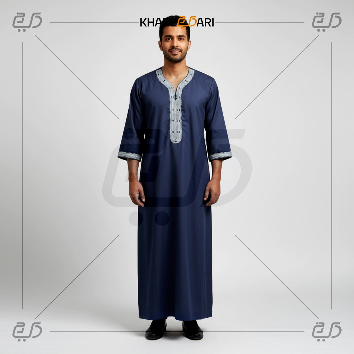 Navy Blue Moroccan Embroidered Half-Sleeve Jubba
