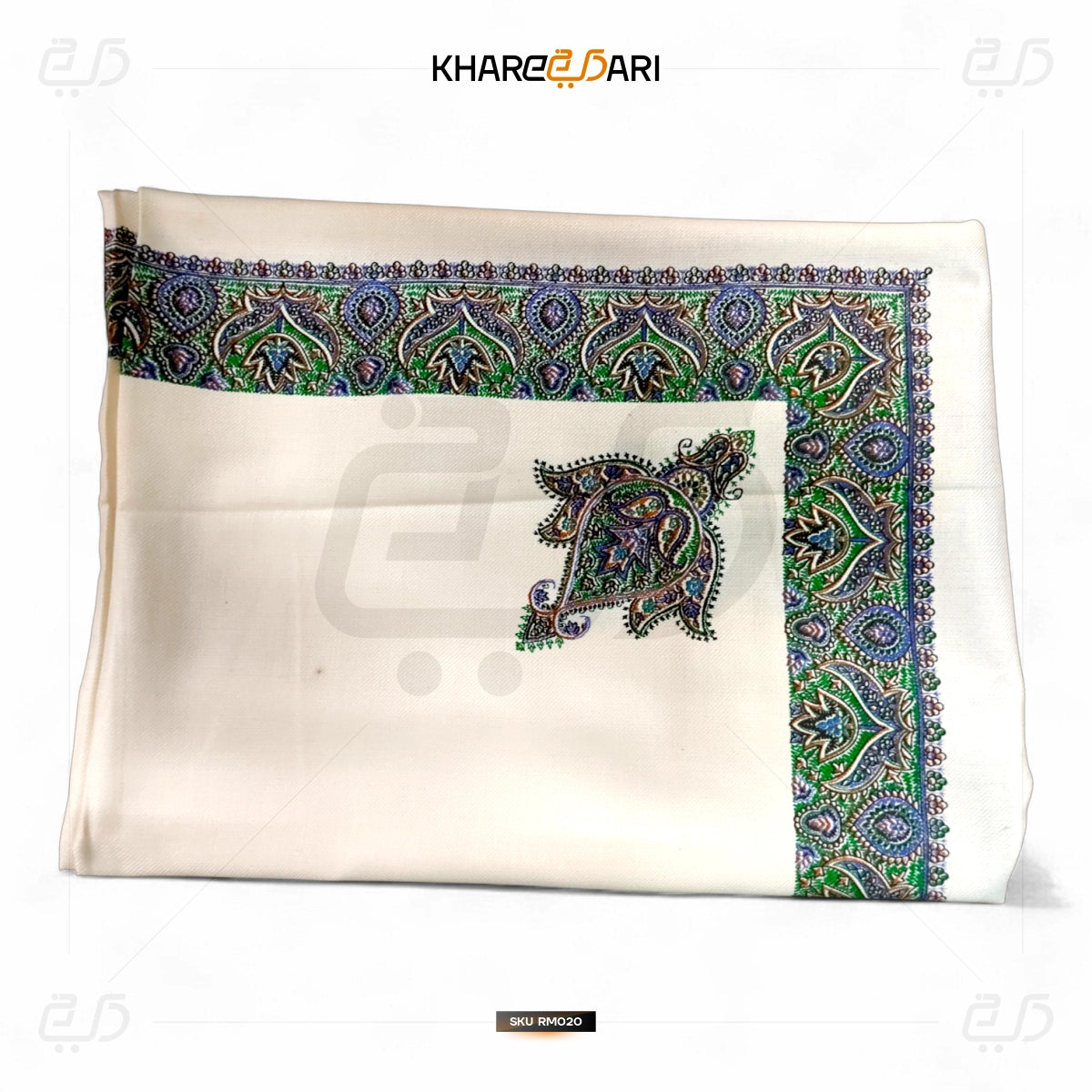 Cream Kashmiri Printed Scarf – Green & Purple Border