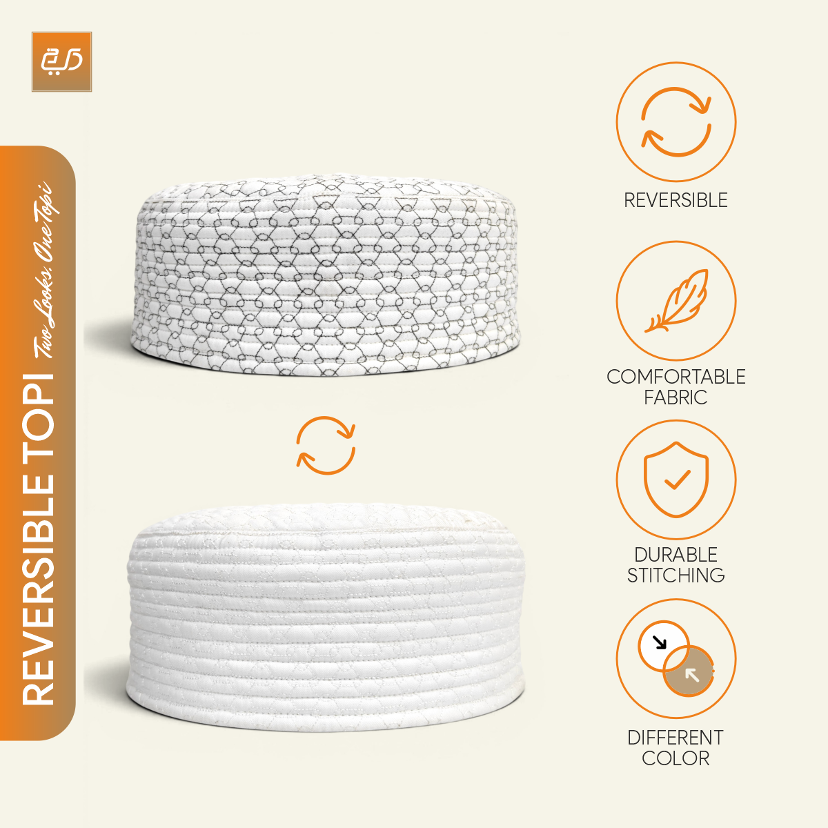 Premium Reversible  Dual Design (Geometric & Chevron Stitch) Prayer Topi