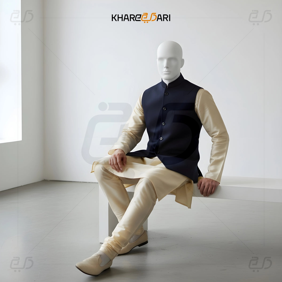 Mannequin wearing a traditional outfit with a vest and pants in a minimalistic setting. Blue