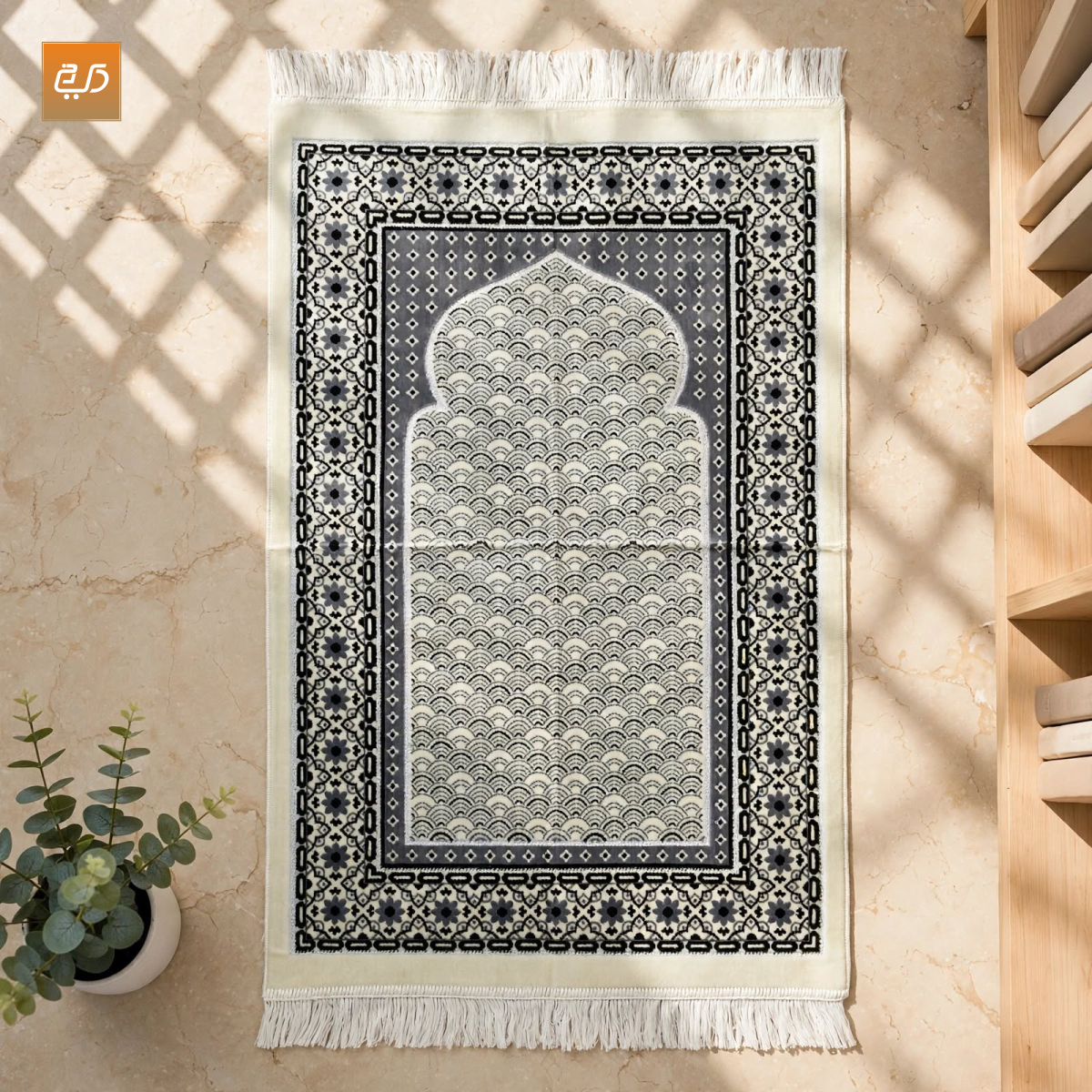 Grey Scallop Mehrab Soft Velvet Janamaz