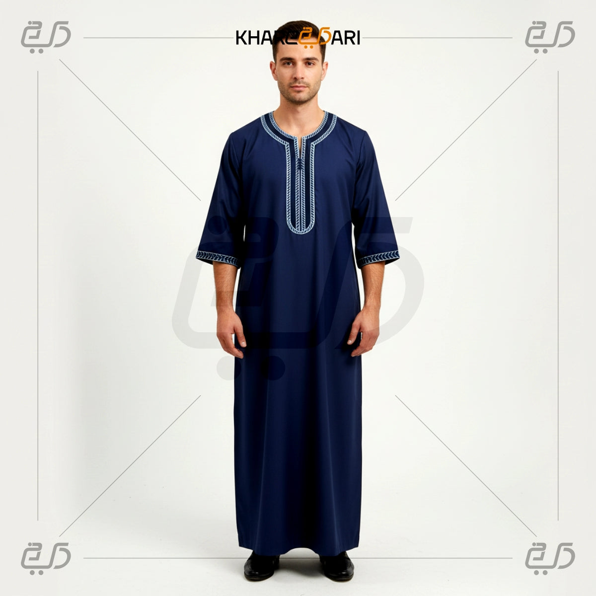 Navy Thobe with Sky Blue Embroidery