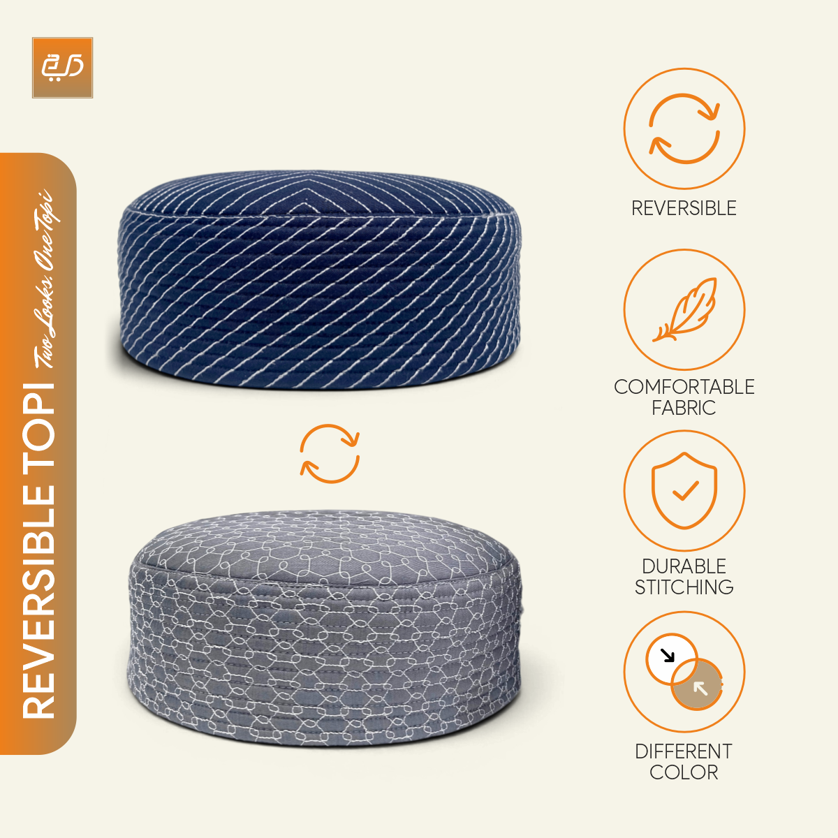 Premium Reversible  Dual Design (Geometric & Chevron Stitch) Prayer Topi