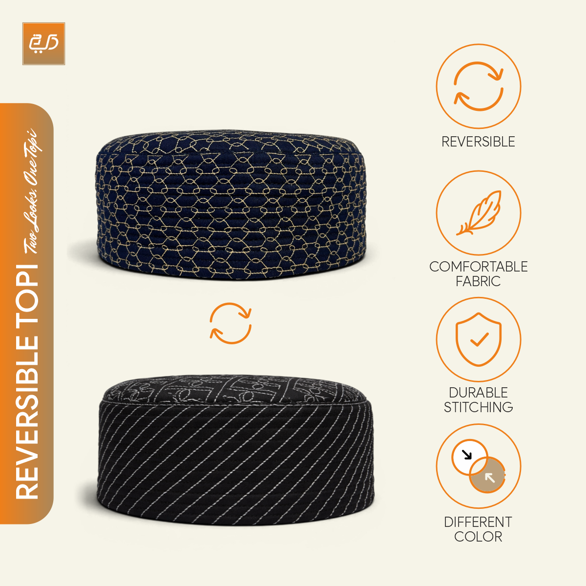 Premium Reversible  Dual Design (Geometric & Chevron Stitch) Prayer Topi