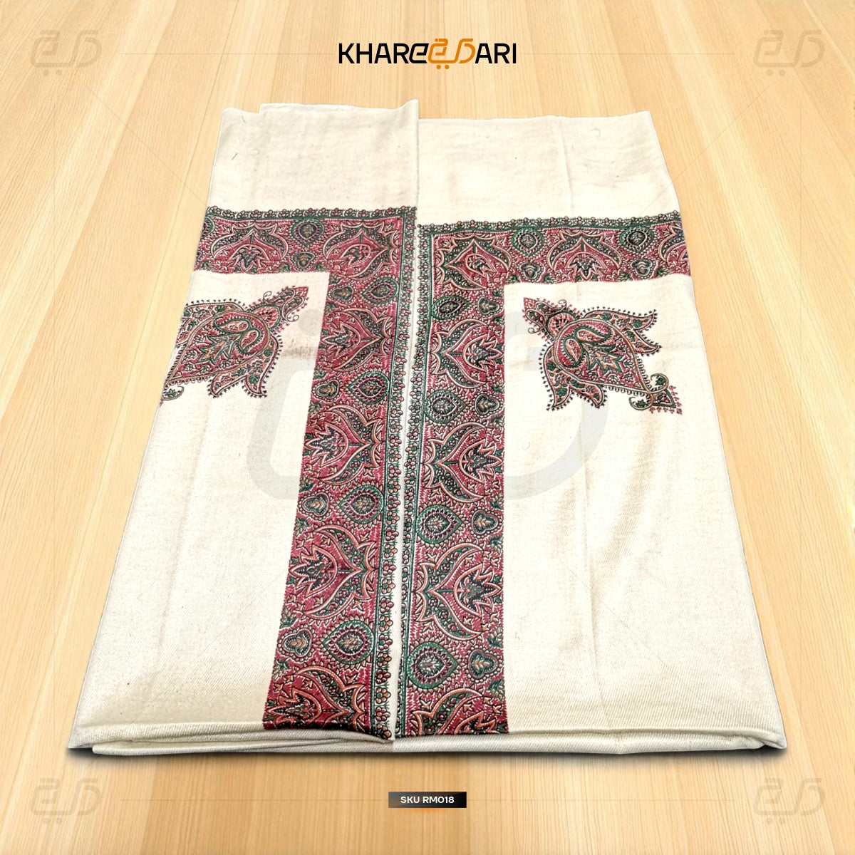 Kashmiri Printed White Scarf – Red & Black Border