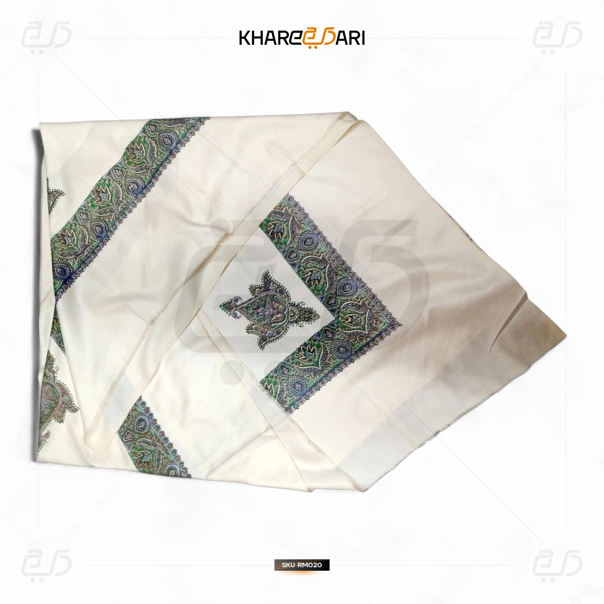 Cream Kashmiri Printed Scarf – Green & Purple Border