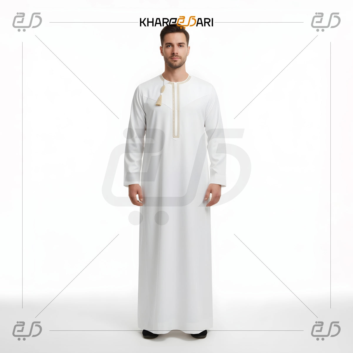 Moroccan Tassel Neck Embroidered White Jubba
