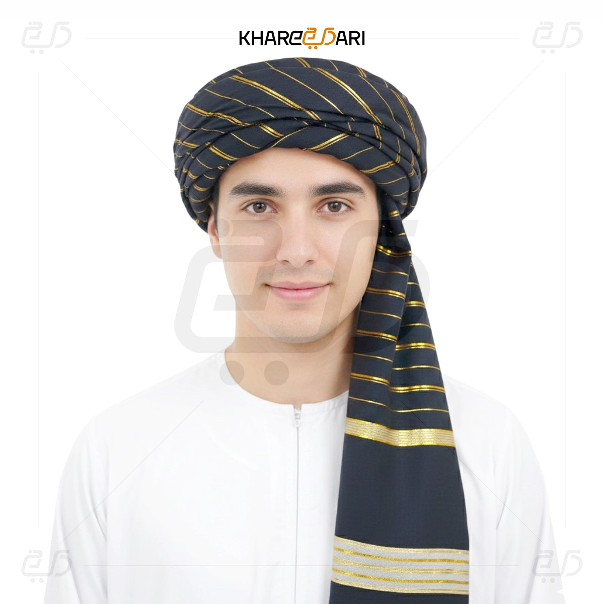 Man wearing a black and gold striped turban with 'Khareebari' branding on a white background
Black with Golden Line