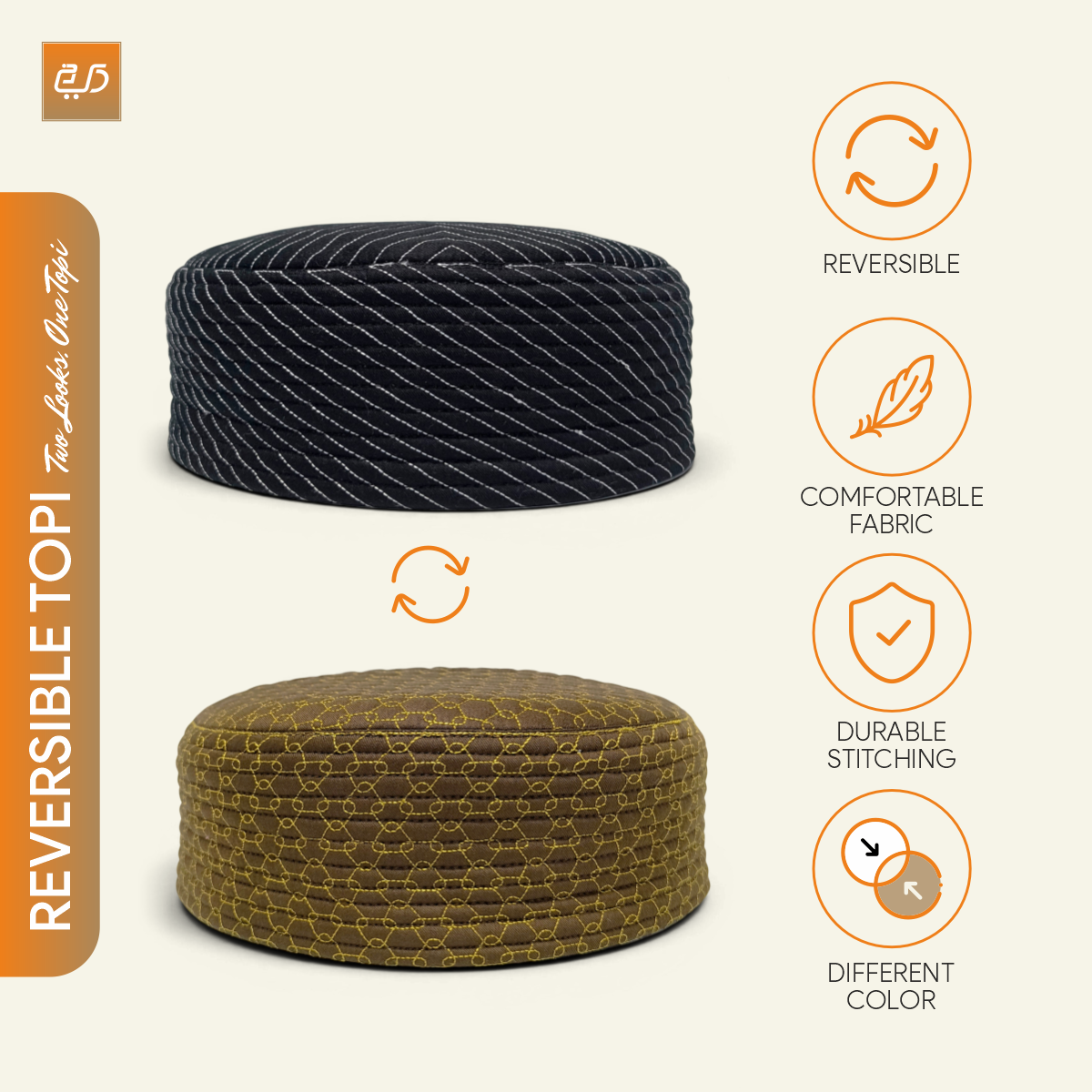Premium Reversible  Dual Design (Geometric & Chevron Stitch) Prayer Topi