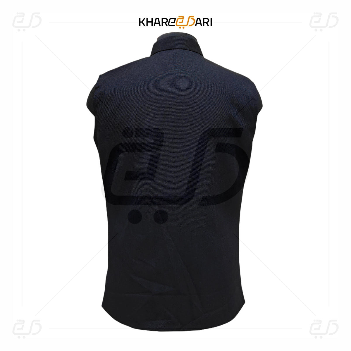Black sleeveless jacket with a brand logo on a white background Black
