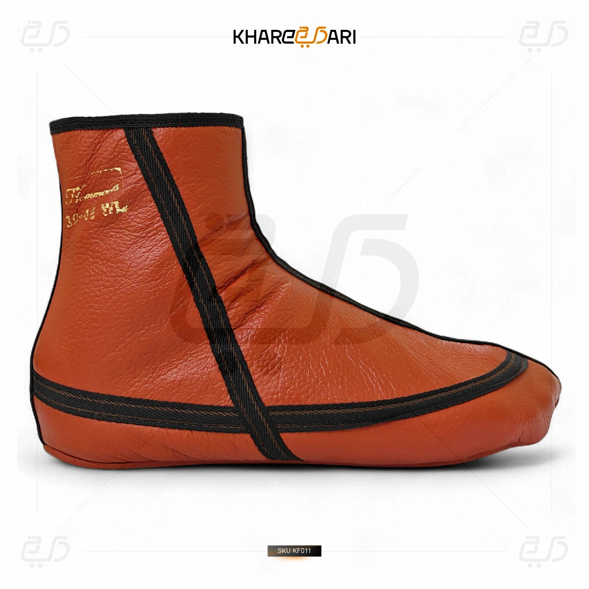 Brown leather shoe cover with black trim on a white background, branded 'Khareebari'. Red