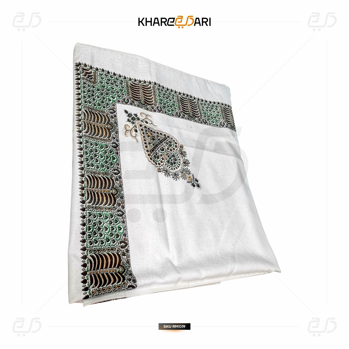 Kashmiri Printed White Scarf – Green & Gold Border