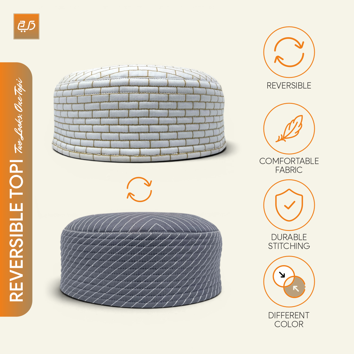 Dual Side Wear Chevron Stitch Prayer Topi