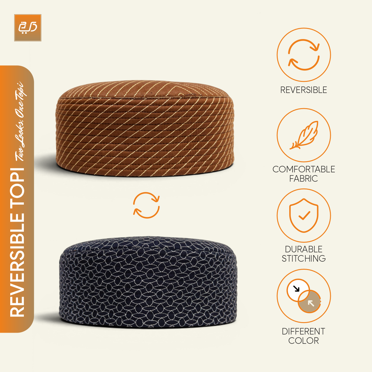Dual Design Reversible Namaz Cap – Chevron & Geometric Pattern