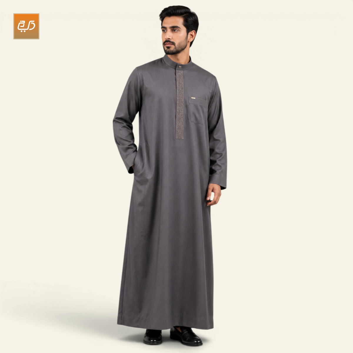 Premium Embroidered Arabic Jubba for Men – Ash Grey