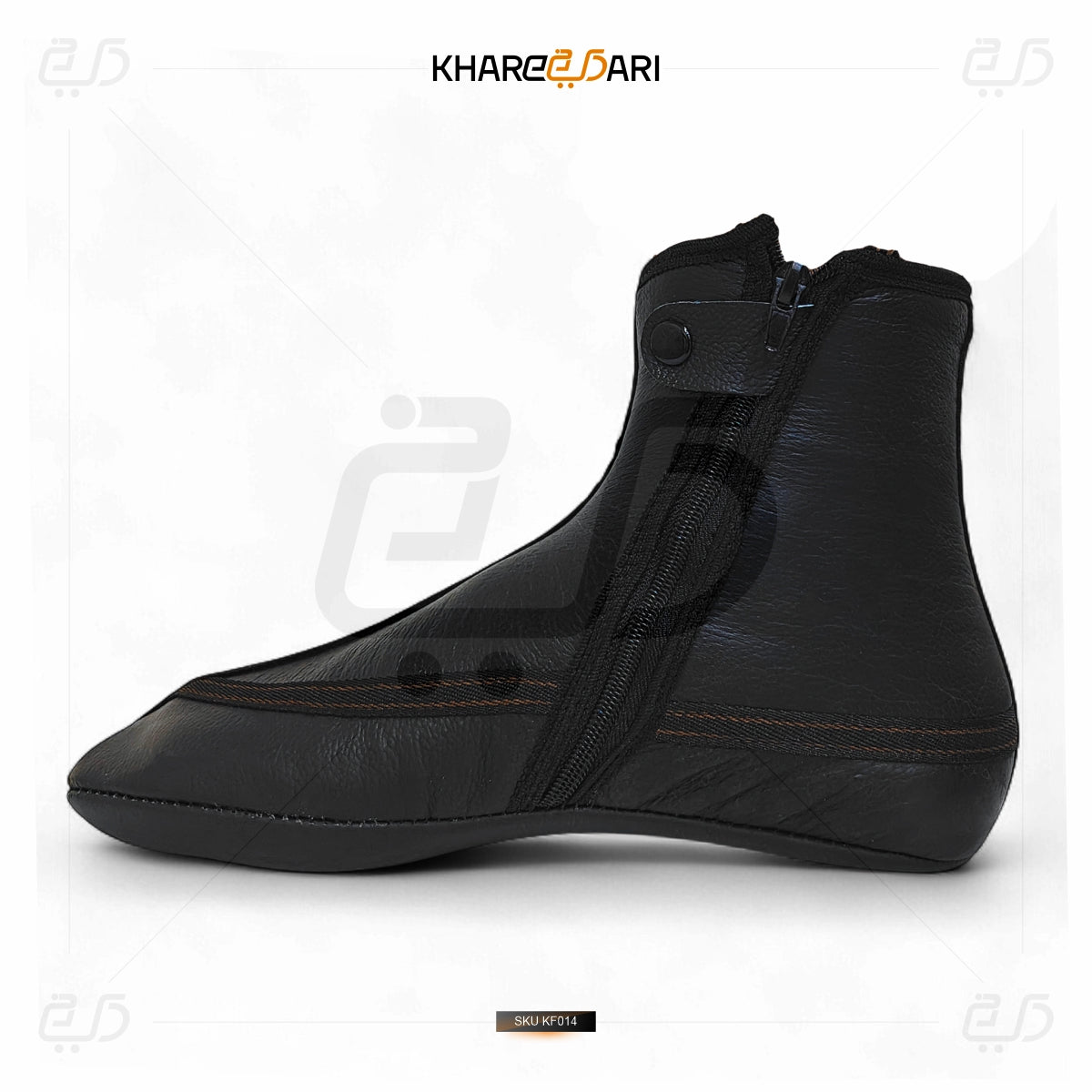 Black leather shoe cover with zipper on a white background, featuring the Khareebari brand. Black