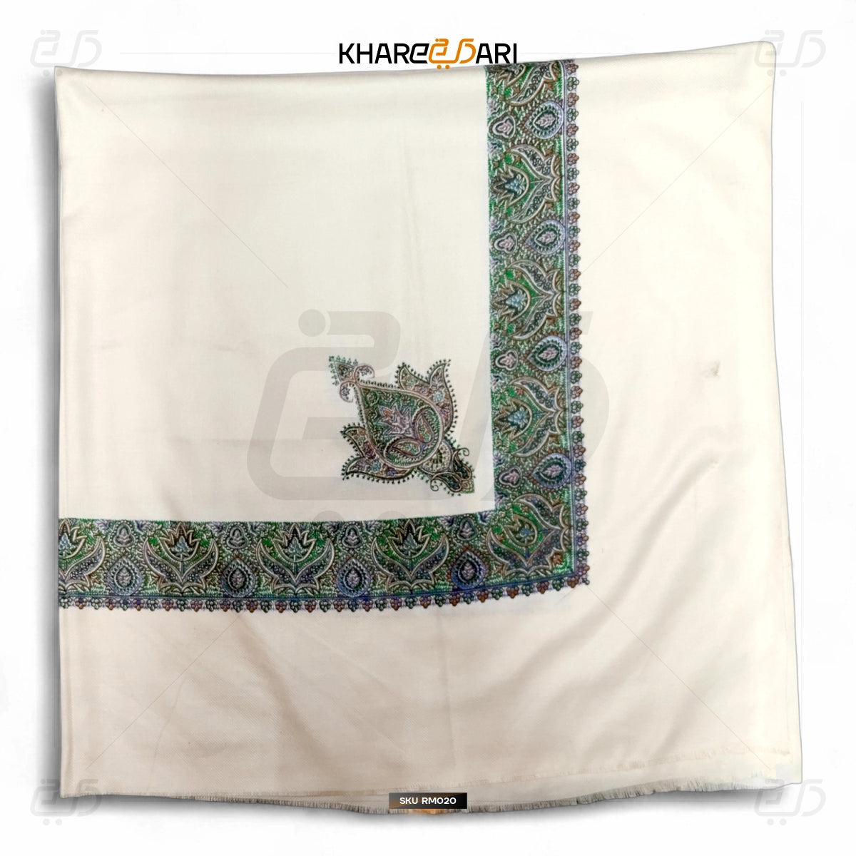 Cream Kashmiri Printed Scarf – Green & Purple Border