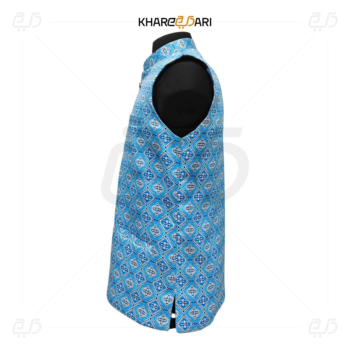 Blue Geometric Satin Nehru Jacket (Sadri)