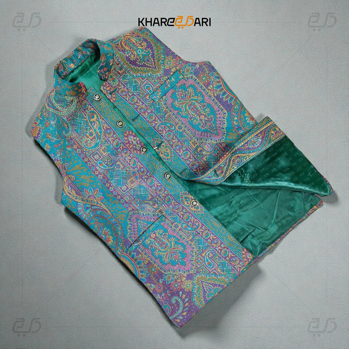 Teal Kani Printed Nehru Jacket (Sadri)
