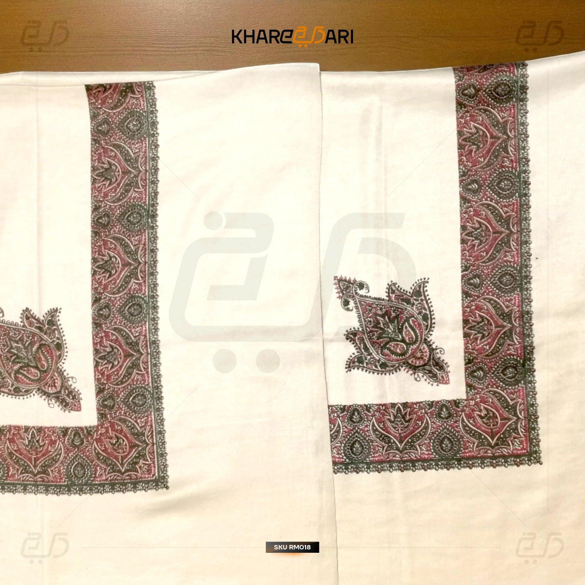 Kashmiri Printed White Scarf – Red & Black Border