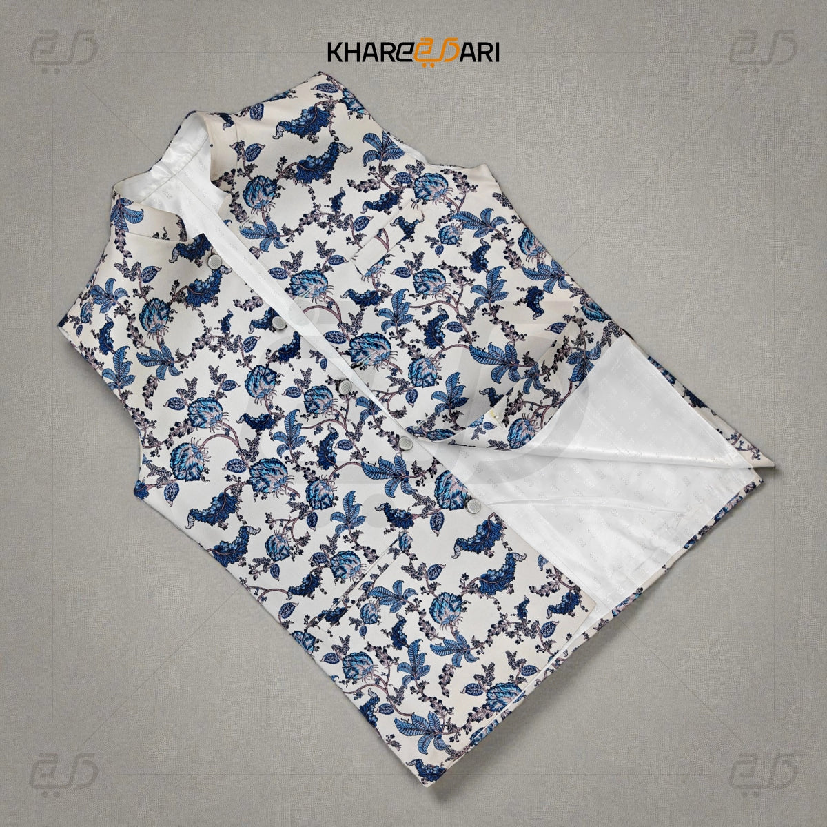 White Blue Floral Satin Nehru Jacket ( Sadri)