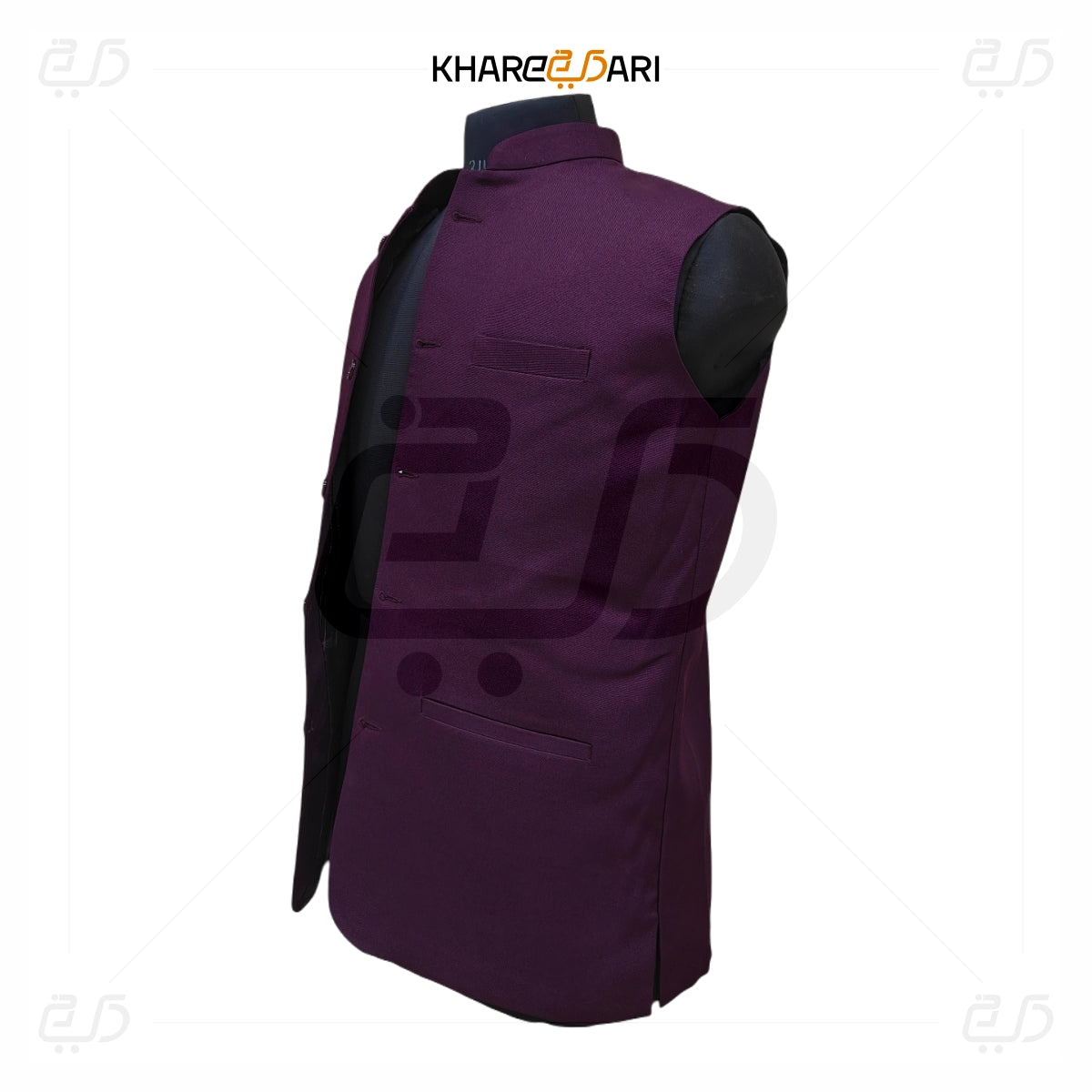 Purple vest with black accents on a white background, featuring the brand 'Khareebari'. Maroon
