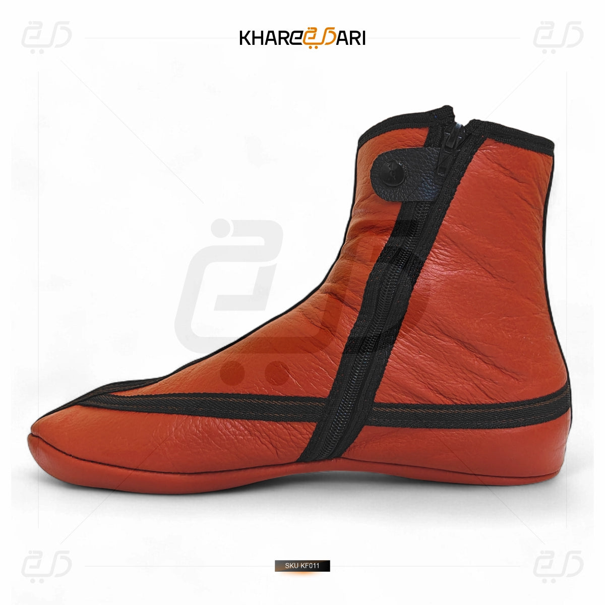 Orange shoe cover with black zipper on a white background, branded 'Khareebari'. Red