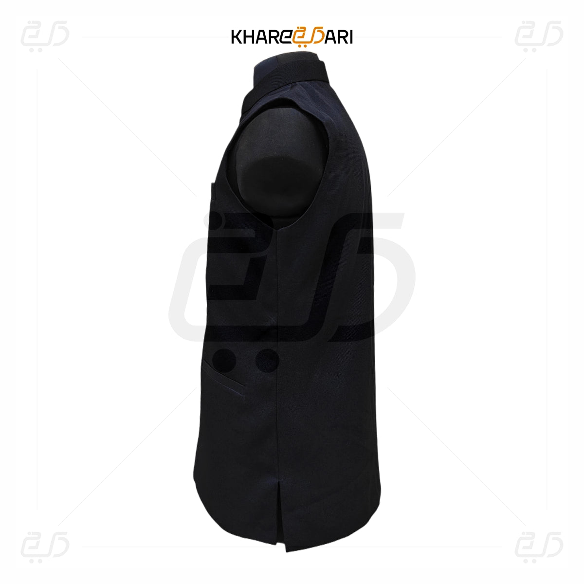 Black vest with buttons on a white background, featuring the brand 'Khareebari'. Blue