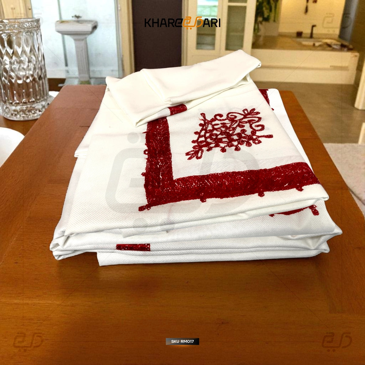 White Scarf with Red Embroidered Border