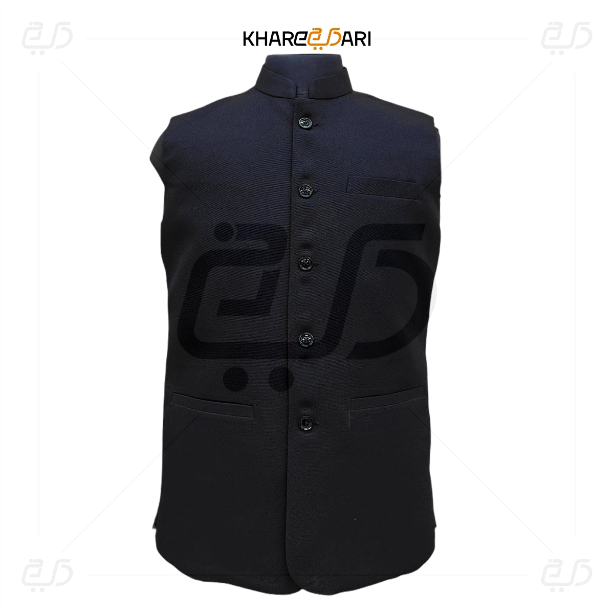 Black vest with button details on a white background, featuring the Khareebari brand. Black