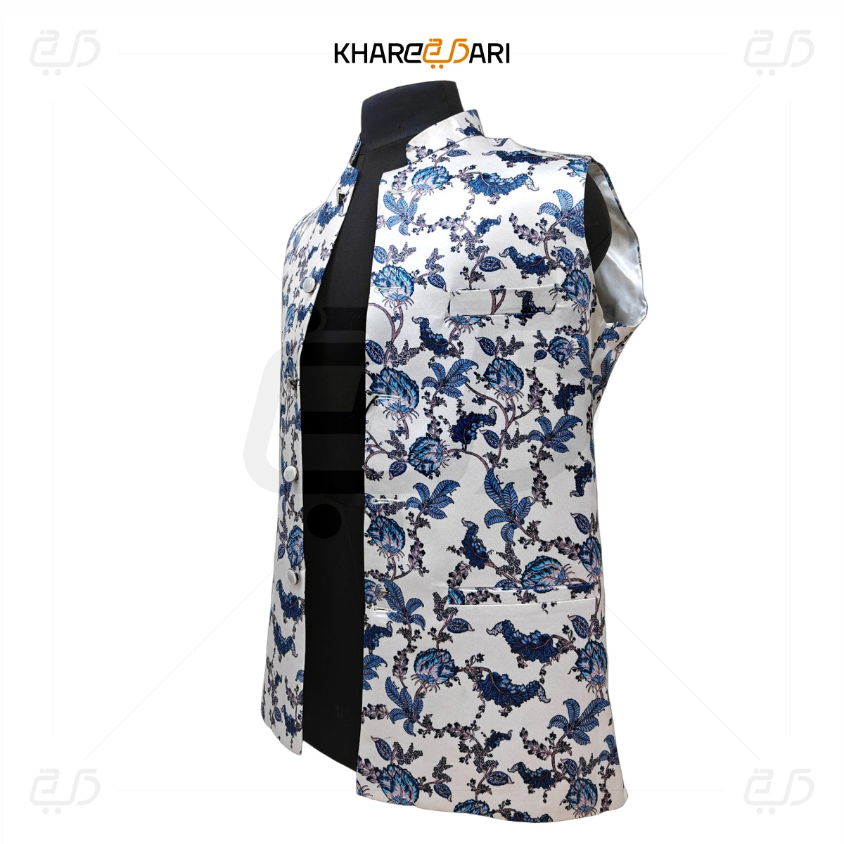 White Blue Floral Satin Nehru Jacket ( Sadri)