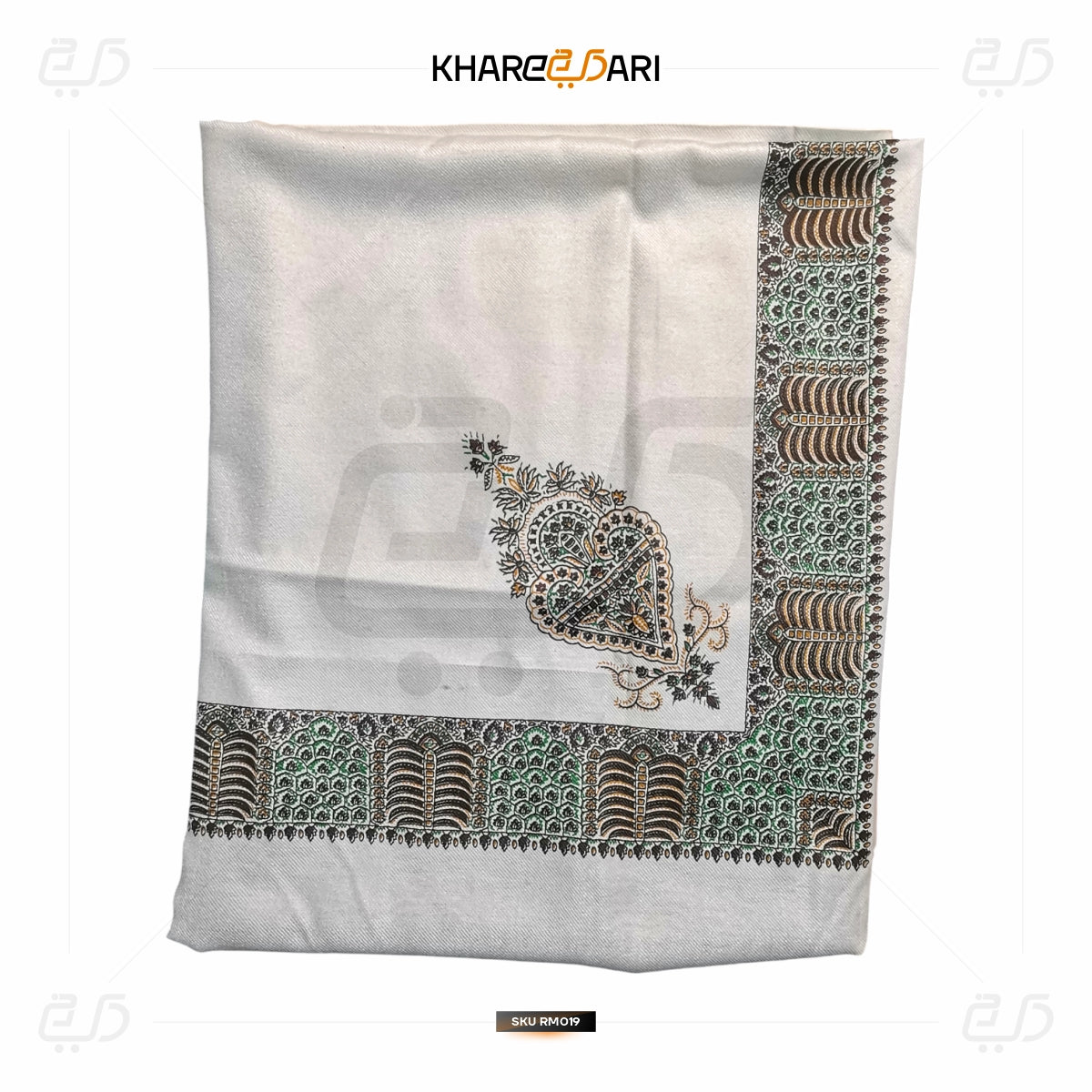 Kashmiri Printed White Scarf – Green & Gold Border