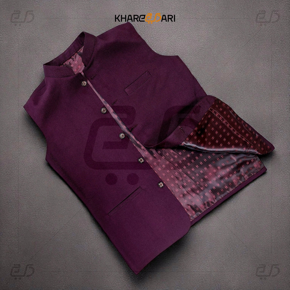 Purple jacket with patterned lining on a gray background, featuring the brand 'Khareedari'. Maroon
