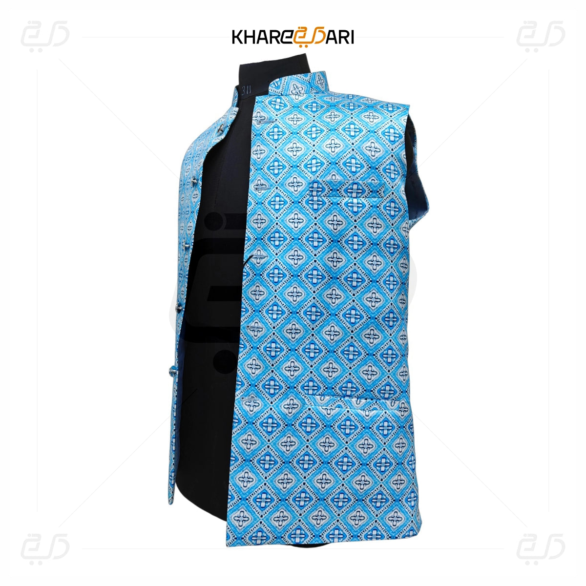 Blue Geometric Satin Nehru Jacket (Sadri)