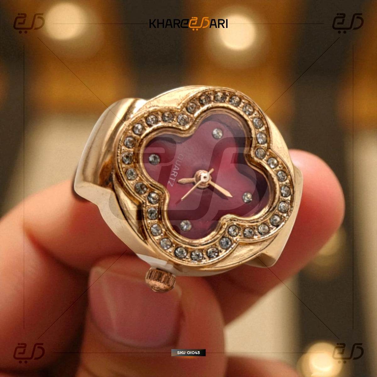 Elegant Flower Ring Watch – Gold Plated Quartz Finger Watch for Women - Khareedari 