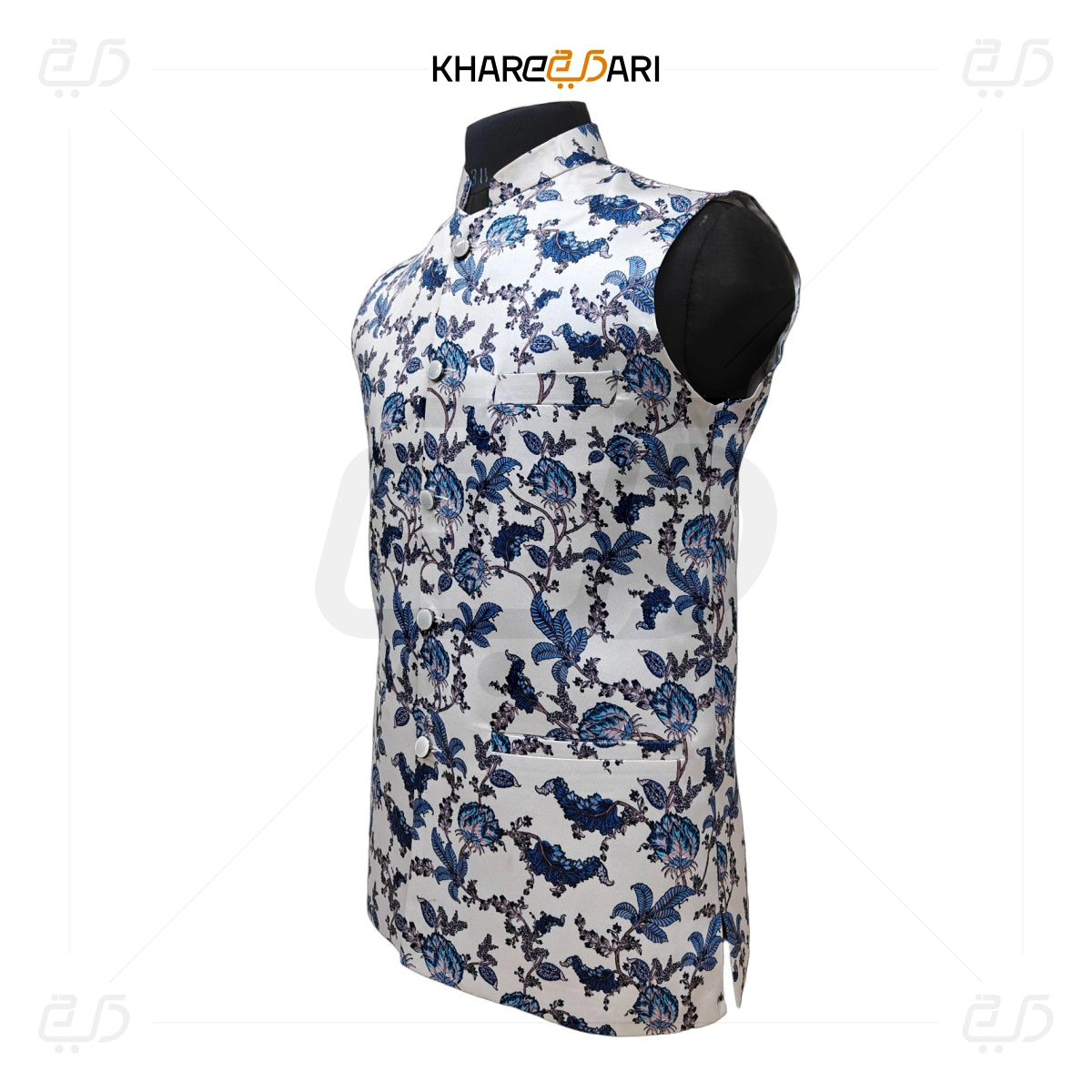 White Blue Floral Satin Nehru Jacket ( Sadri)