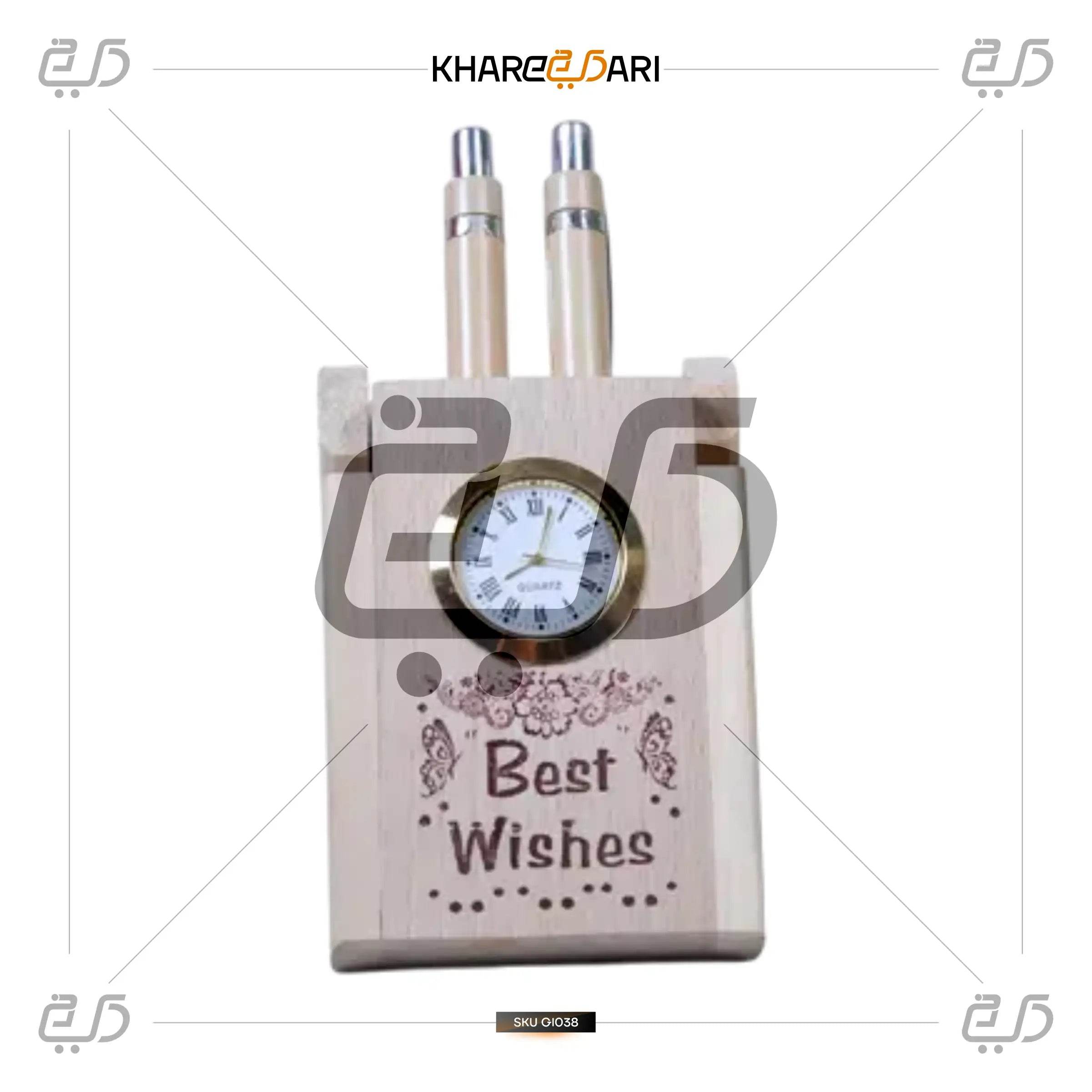 Wooden Desk Organizer with Clock & Pen Set | Corporate Gift - Khareedari 