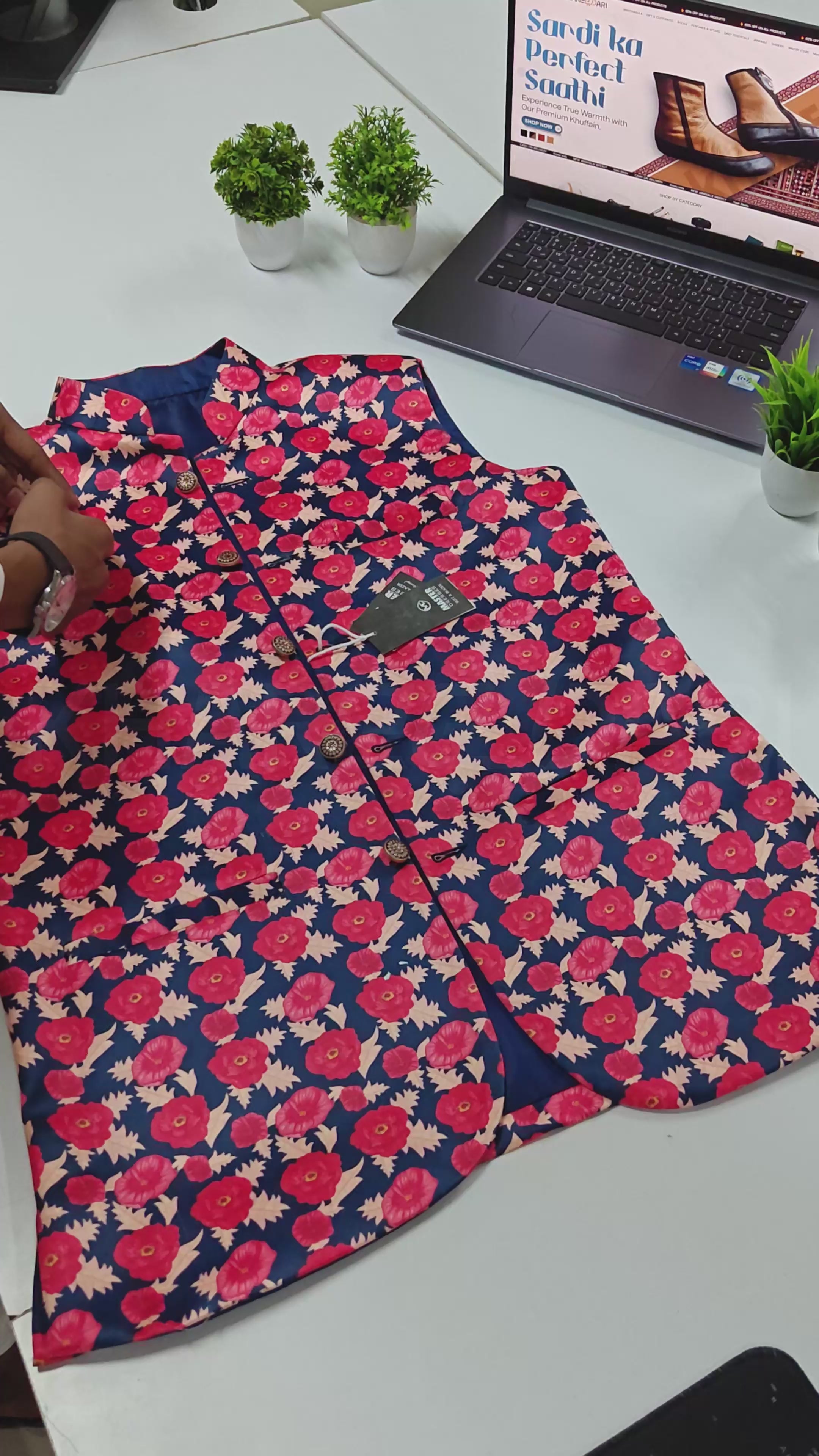 Red Floral Satin Nehru Jacket