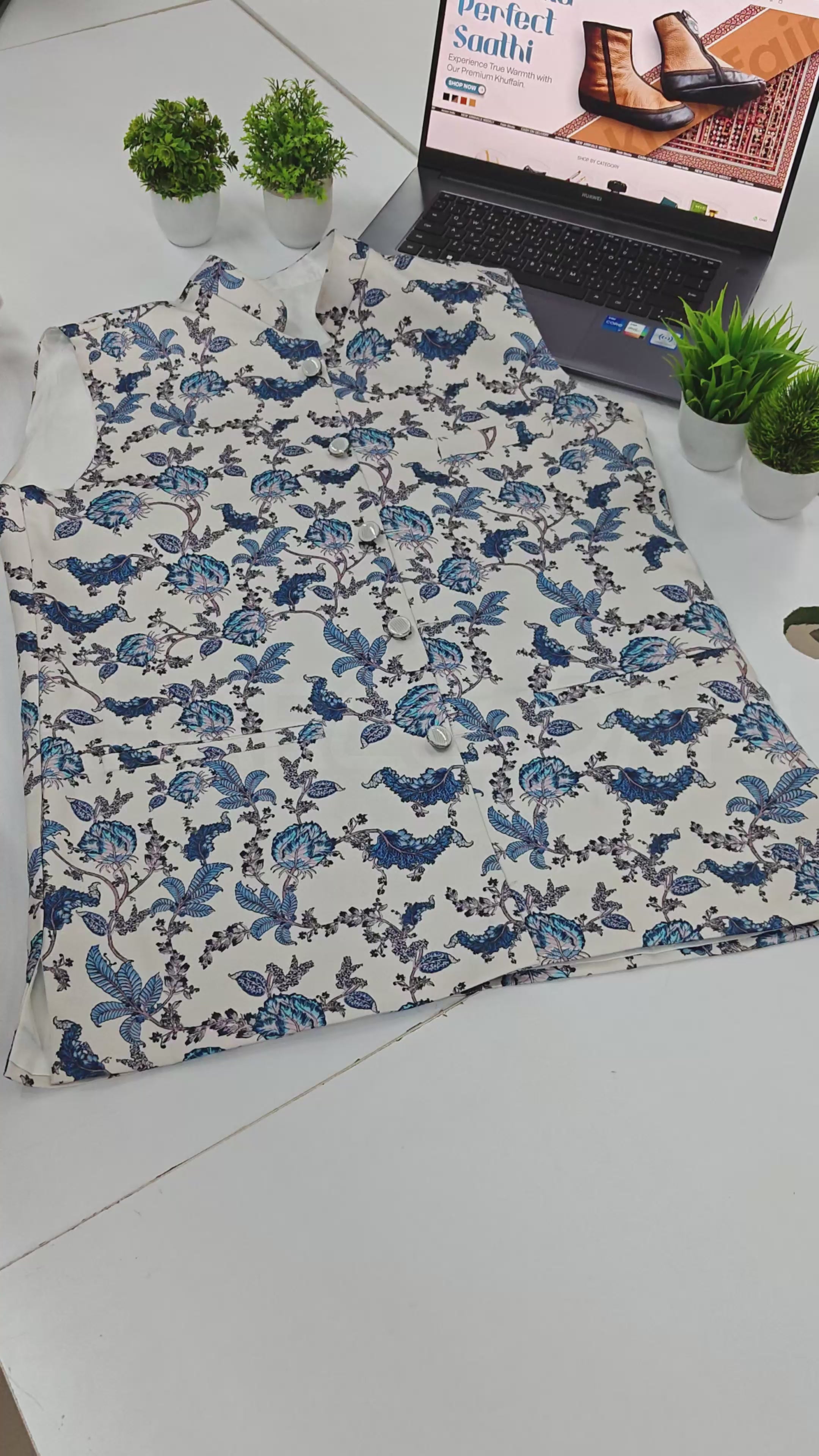 White Blue Floral Satin Nehru Jacket ( Sadri)