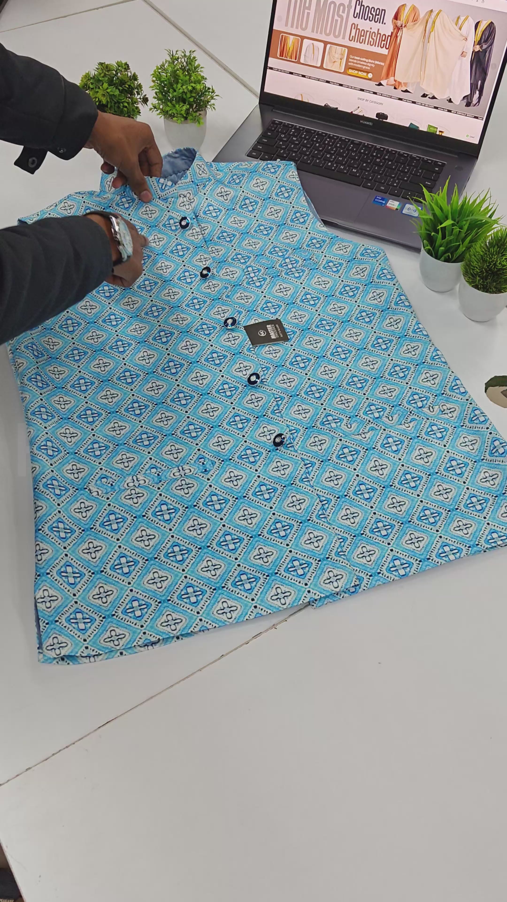 Blue Geometric Satin Nehru Jacket (Sadri)