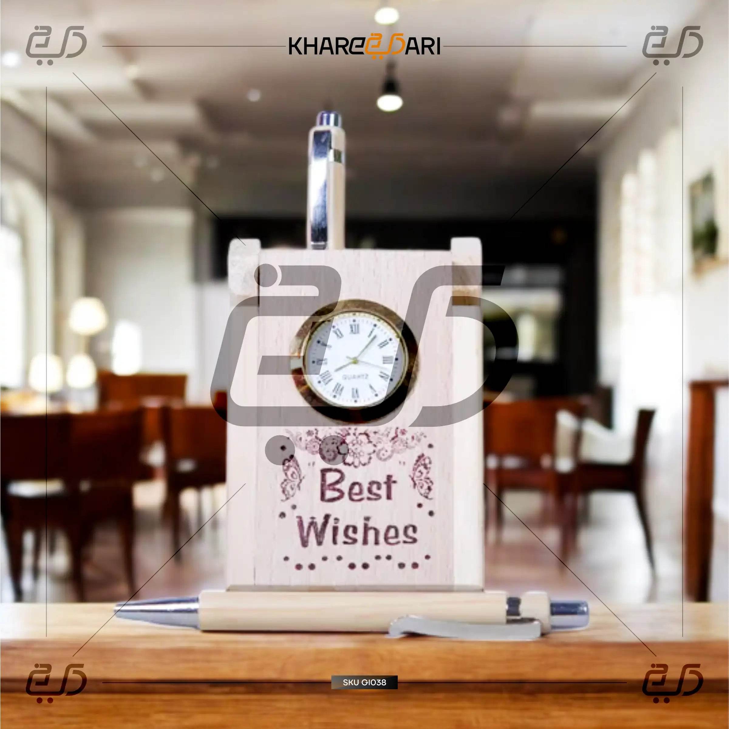 Wooden Desk Organizer with Clock & Pen Set | Corporate Gift - Khareedari 
