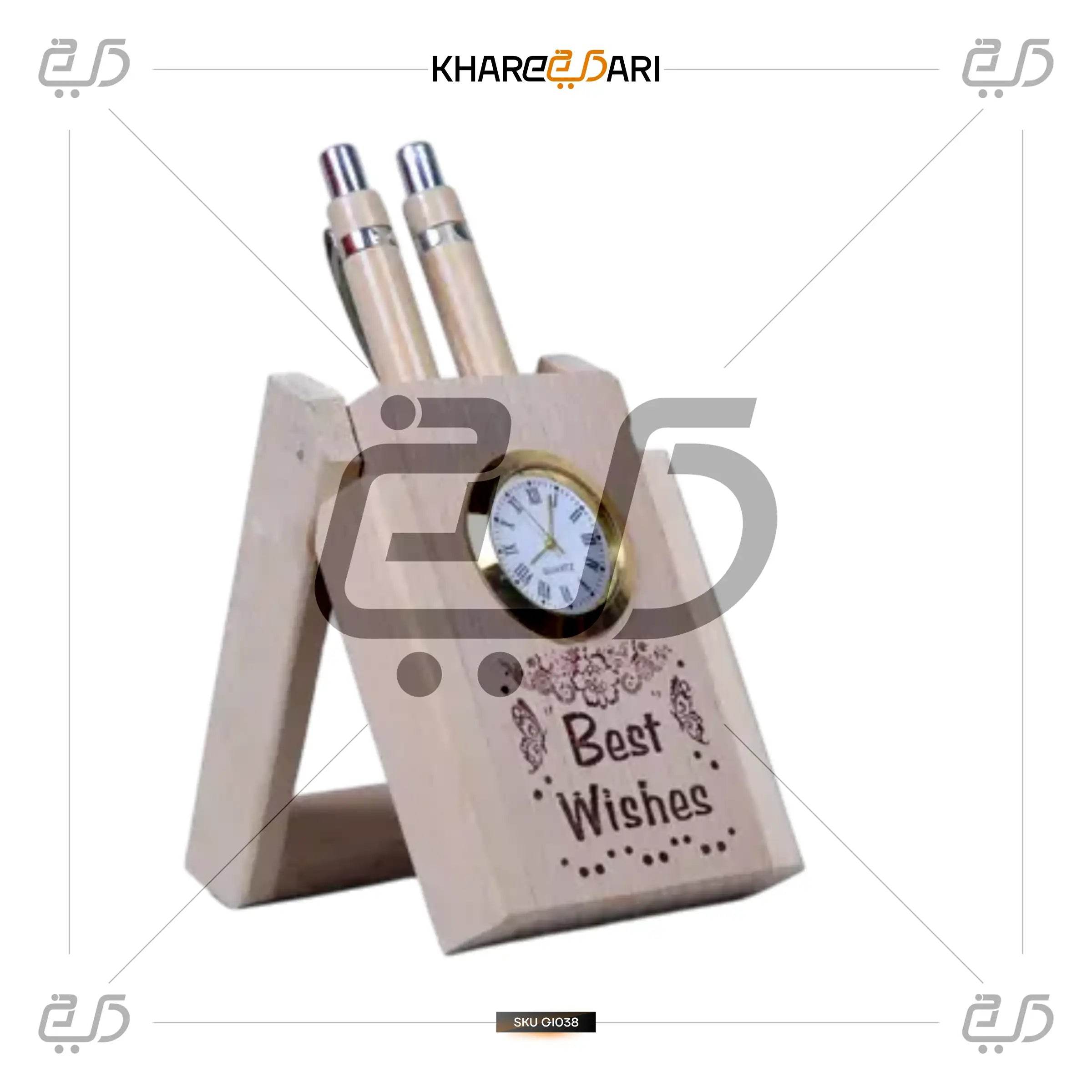 Wooden Desk Organizer with Clock & Pen Set | Corporate Gift - Khareedari 